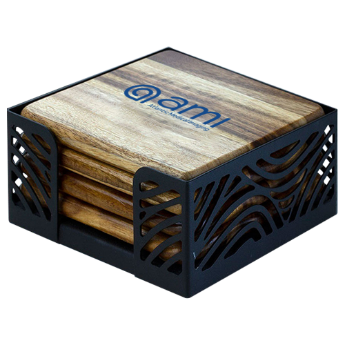Acacia Wood Coaster: 4 Piece Round Set with Black Metal Stand Acacia Wood Coaster: 4 Piece Round Set with Black Metal Stand